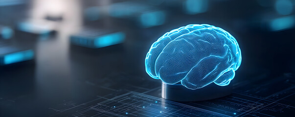 Wall Mural - A blue brain is displayed on a black background