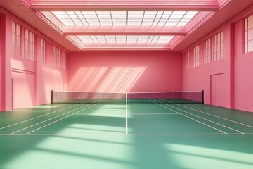 Poster - Modern minimalist indoor tennis court with pastel pink walls and mint green floor