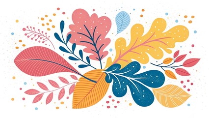 Wall Mural - A vibrant and decorative vector illustration of colorful autumn leaves arranged on a clean white background.  Perfect for seasonal designs, nature-themed projects, or as a bright and cheerful backgrou