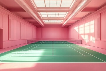 Poster - Minimalist tennis court with pink walls and mint green floor under skylights