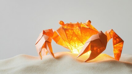 Sticker - A Paper Origami Crab Sitting on a Sandy Lighted Surface