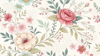 Botanical repeat pattern with stylized flowers and leaves.  A classic floral design in soft teal, coral, and gold tones on a light background