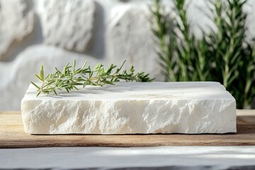 Poster - Minimalistic white stone pedestal with rosemary branches and soft morning light
