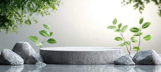 Poster - Minimalist Podium Display with Gray Rocks and Green Leaves for Cosmetic Product Showcase