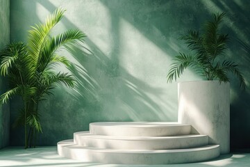 Aufkleber - Round Marble Pedestal for Cosmetic Product Display with Green Palm Leaves and Soft Natural Light