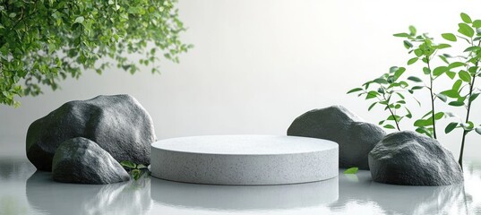 Aufkleber - Minimalist White Stone Podium with Textured Rocks and Green Leaves for Cosmetic Display and Nature Background