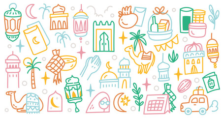 Naklejka na meble Set of Idul Fitri and Ramadan Doodle Line Art Design Element