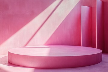 Fototapete - Modern Abstract Scene with Pink Round Platform Soft Lighting and Geometric Shadows