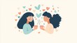 © kkkiim graphic - two women sharing a cup of coffee, surrounded by small hearts in pastel colors