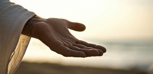 Wall Mural - Close-up of Jesus' hand reaching out to help, with a blurred background of sky and beach The focus is on the detail in his palm as he holds it open for someone or something to be placed  Generative AI