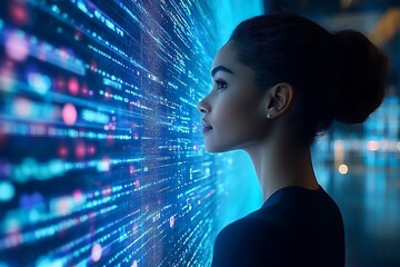 woman observing data streams on a large digital screen