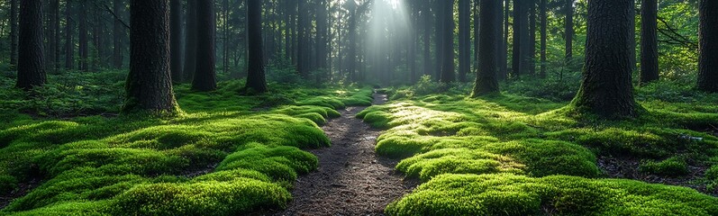Aufkleber - Lush green forest with sunlight filtering through trees, creating a serene atmosphere.