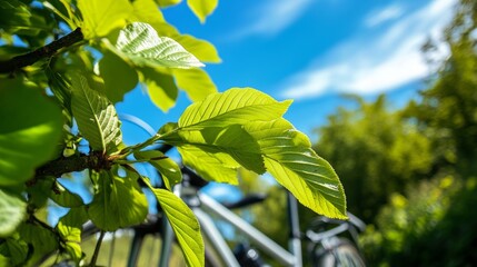 A close-up of vibrant green beech leaves, illuminated by the bright sun on an autumn day at midday.