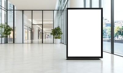 Poster - Empty indoor space featuring a blank signage board and large windows with greenery outside.