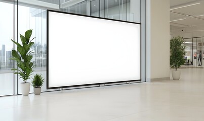 Fototapete - Blank digital display in a modern interior space with potted plants and large windows.