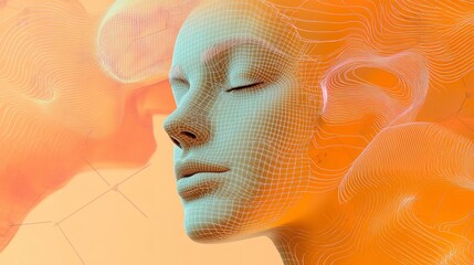 Abstract 3D rendering of a human face with closed eyes overlaid with orange wave patterns