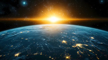 earth viewed from space with orange sunrise
