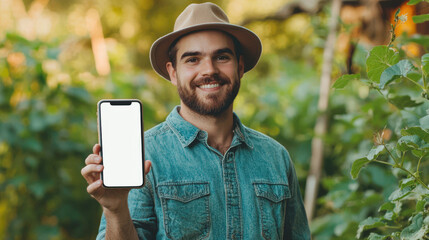 Wall Mural - A gardening student works part-time in a summer greenhouse. Phone mockup. Discounts, promotions, and sales. Online education. A man is holding a cell phone with a white blank screen