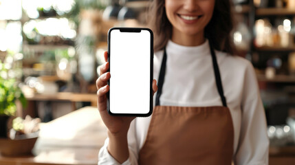 Wall Mural - A woman holds a cell phone with a white blank screen in her hand in a cafe. Jobs for waiters, bartenders, bakers, cooks, and baristas. A phone mockup for the presentation of a mobile application