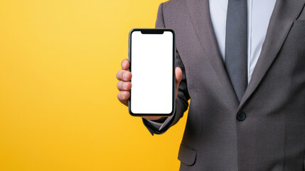 Wall Mural - Close-up of a businessman in a suit holding a stylish mobile phone with a white screen on a yellow background. Phone mockup. Business concept. Presentation of a mobile application for the office