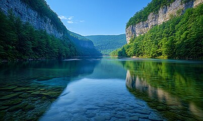 Poster - Serene river flowing through a lush green canyon under a clear blue sky.