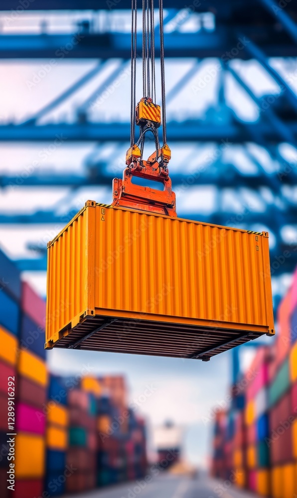Shipping Container at Port: A vibrant shipping container is hoisted by ...
