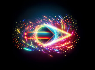 Poster - an abstract eye shape bursts with vibrant neon light trails, creating a dynamic double exposure effe