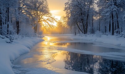 Poster - Winter landscape with a frozen river, snow-covered trees, and a golden sunrise illuminating the scene.