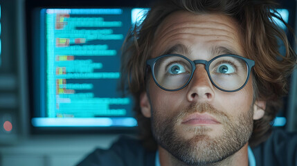 Focused programmer stares at code, late night office