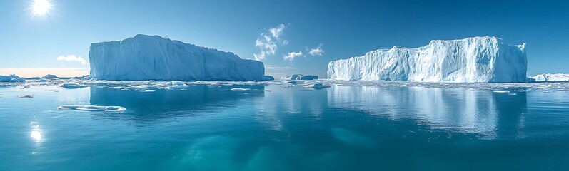 Poster - Vast icy landscape with floating icebergs under a bright blue sky and sun reflections on water.