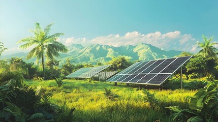 Wall Mural - solar panels farm in the lush green field