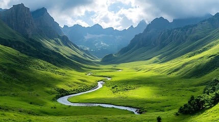 Poster - Lush green valley with winding river surrounded by majestic mountains under a cloudy sky.