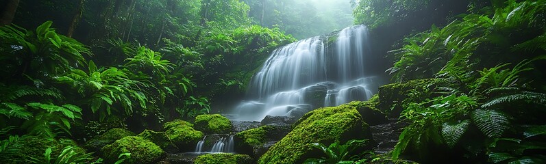 Poster - Lush green jungle with a cascading waterfall surrounded by vibrant foliage.