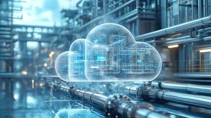Leinwandbilder - Futuristic artwork of cloud computing interacting with a pipe network, representing Industry 40, automation, cyberspace, and the flow of data through machine learning processes