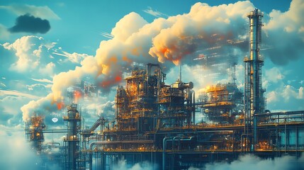 Leinwandbilder - Futuristic artwork of cloud computing interacting with a pipe network, representing Industry 40, automation, cyberspace, and the flow of data through machine learning processes