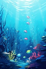 Wall Mural - Beautiful group of fish in sea underwater aquarium outdoors.