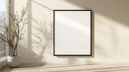 Poster - Minimalist wall decor featuring a blank frame and a plant in natural light.