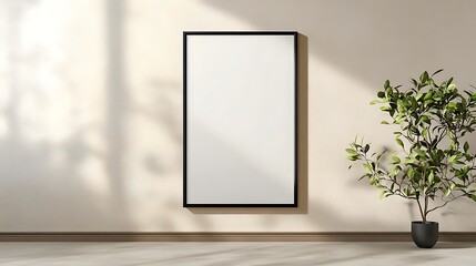 Poster - Minimalist interior with a blank frame on the wall and a potted plant beside it.