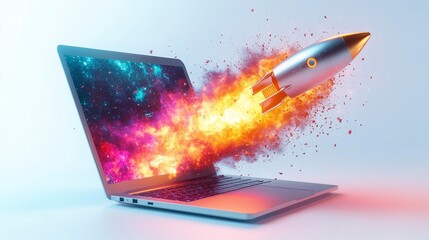 Laptop screen explosion with rocket launching into space digital technology concept