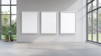 Poster - Minimalist gallery space featuring three blank frames and large windows illuminating a serene atmosphere.