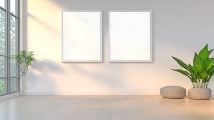 Poster - Bright, minimalistic interior featuring blank frames, a plant, and natural light streaming through a large window.