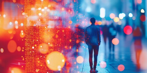 Man walks through abstract city lights on a wet pavement