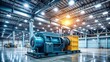 © Buakung - Large industrial generator standing alone in a vast empty space with steel beams and pipes surrounding it, illuminated by bright fluorescent lights , machinery, factory floor