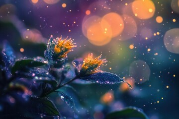 Wall Mural - dew-kissed golden flowers with bokeh lights a magical nature scene.