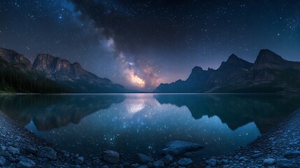 Aufkleber - A serene night landscape reflecting mountains and the Milky Way in calm waters.