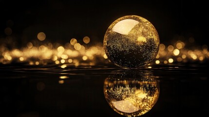 Wall Mural - golden sphere reflection abstract bokeh lights on black background, elegant minimalist design.