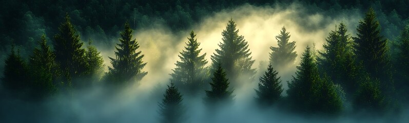 Aufkleber - Misty forest with tall trees illuminated by soft light, creating a serene atmosphere.