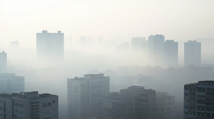 Wall Mural - Foggy cityscape with towering buildings shrouded in mist, creating a serene urban atmosphere