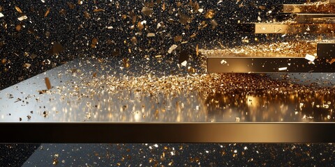 Wall Mural - luxurious golden confetti cascade on reflective steps - abstract background