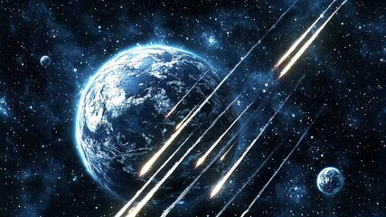 Wall Mural - Dramatic Meteor Shower Illuminating a Distant Planet in a Starry Cosmic Landscape